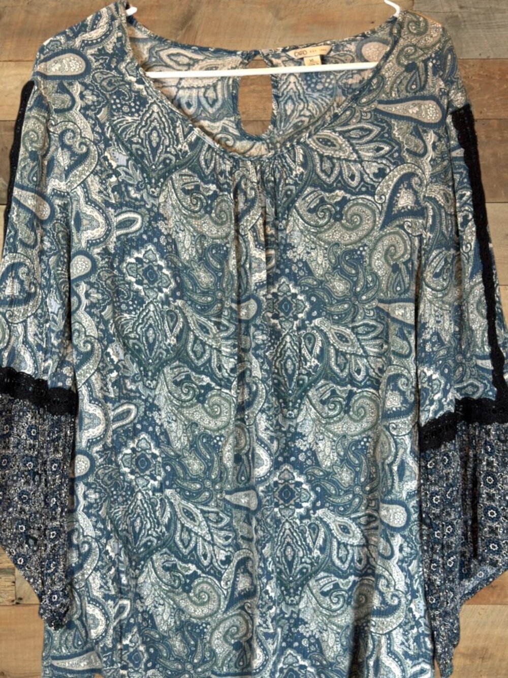 CATO XL Paisley Boho Blouse Blue Teal Lace Inset Flared Sleeve Rayon Top